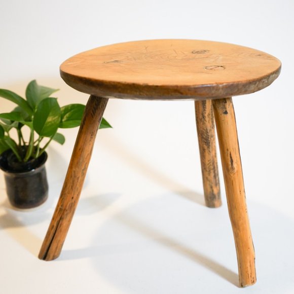 Other - Antique French Brutalist - Hand Hewed Three Legged Wooden Primitive Milking Low